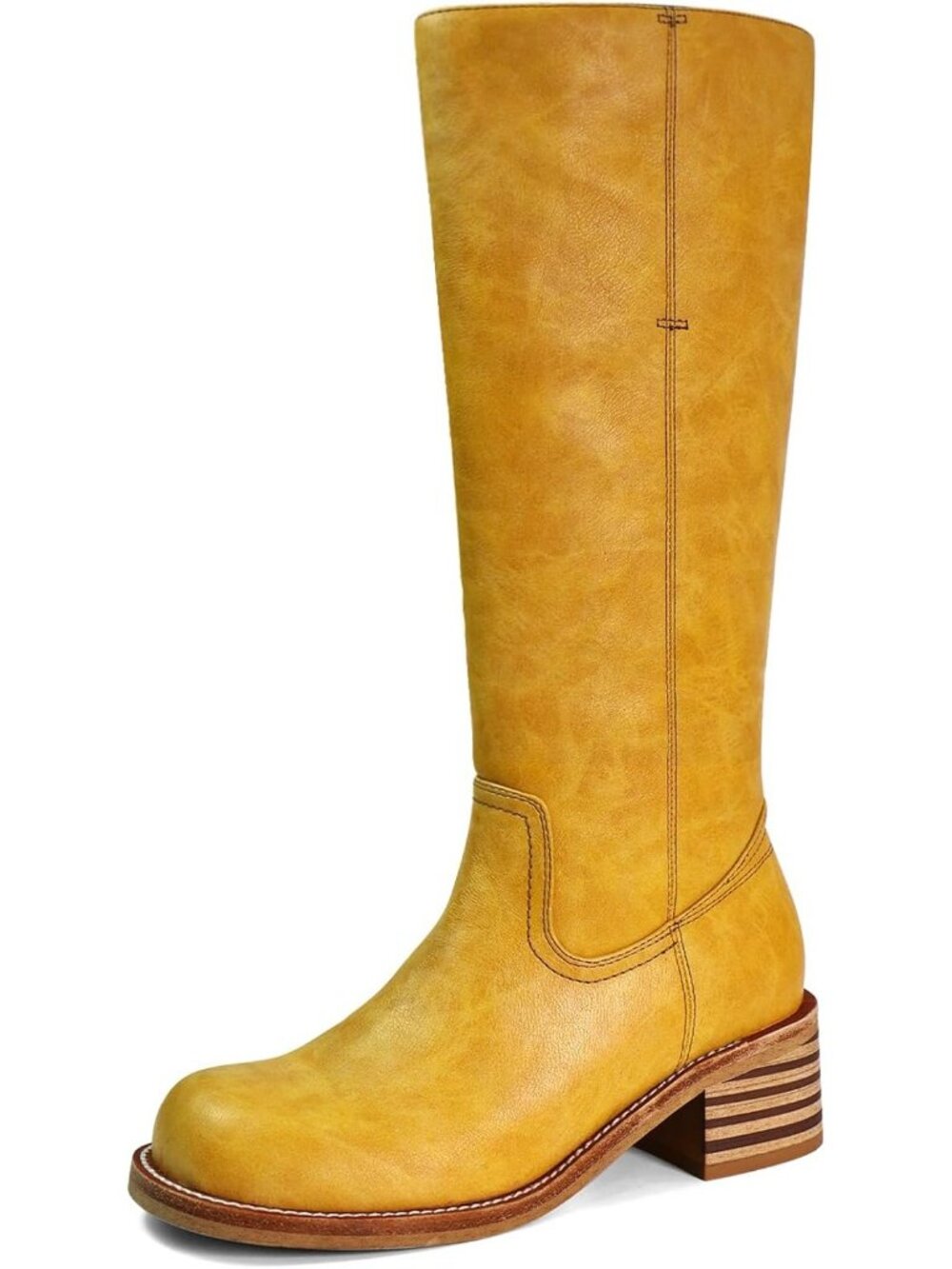 Women's Banana Yellow Low Heel Square Toe Chunky Block Heel Long Knee High Boot